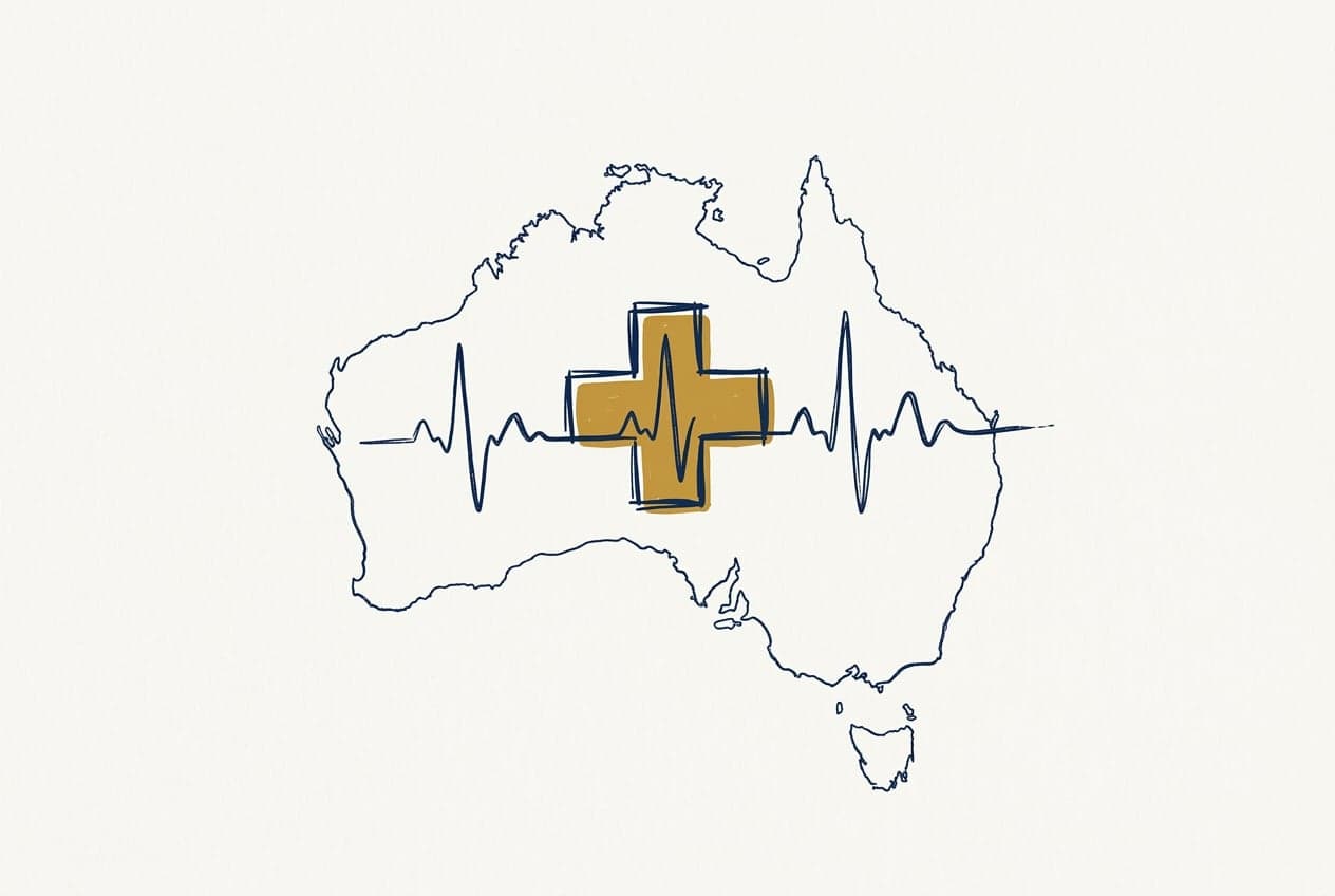 Hand-drawn illustration of Australia with a medical cross and heartbeat line