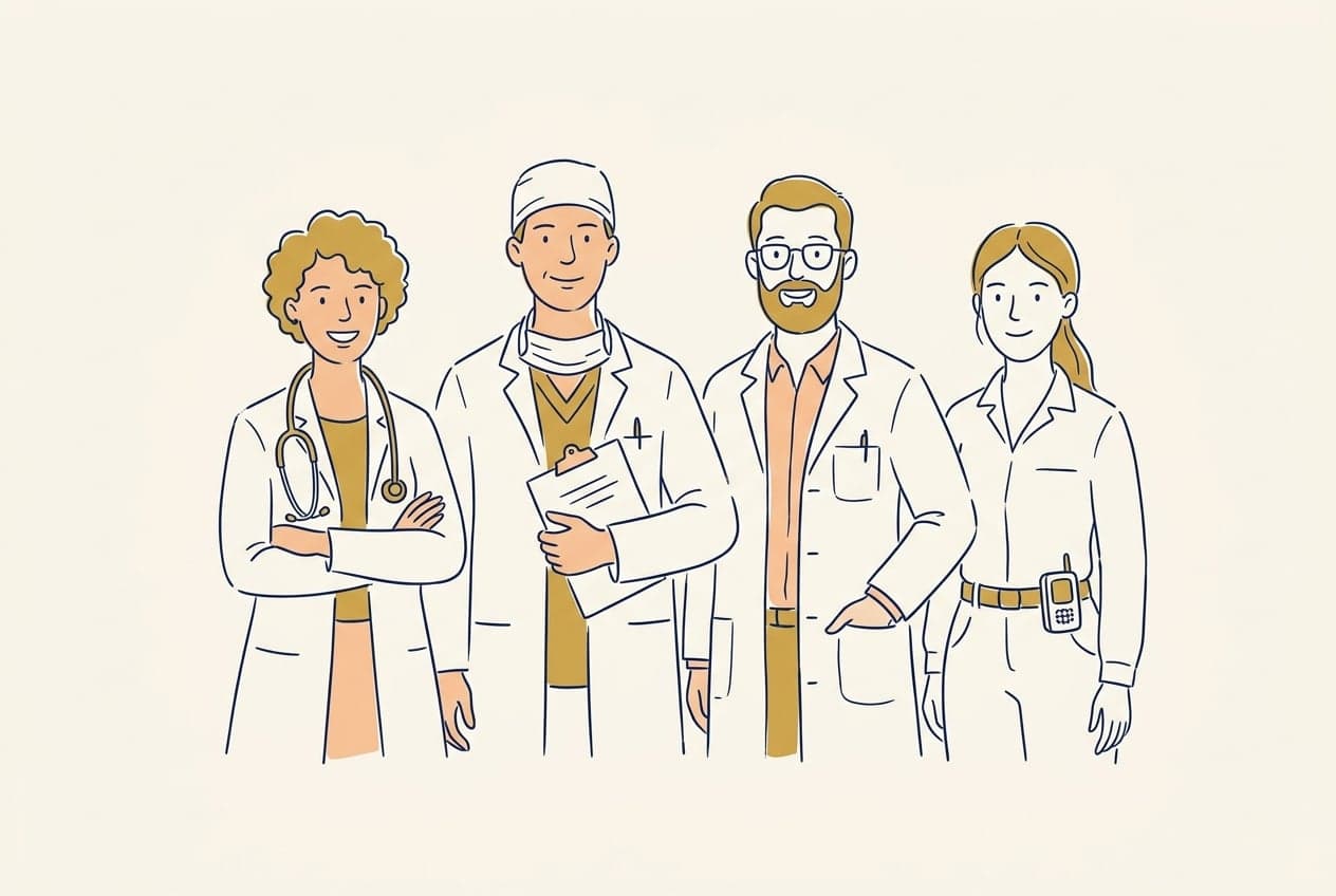 Hand-drawn illustration of Australian doctors and healthcare professionals