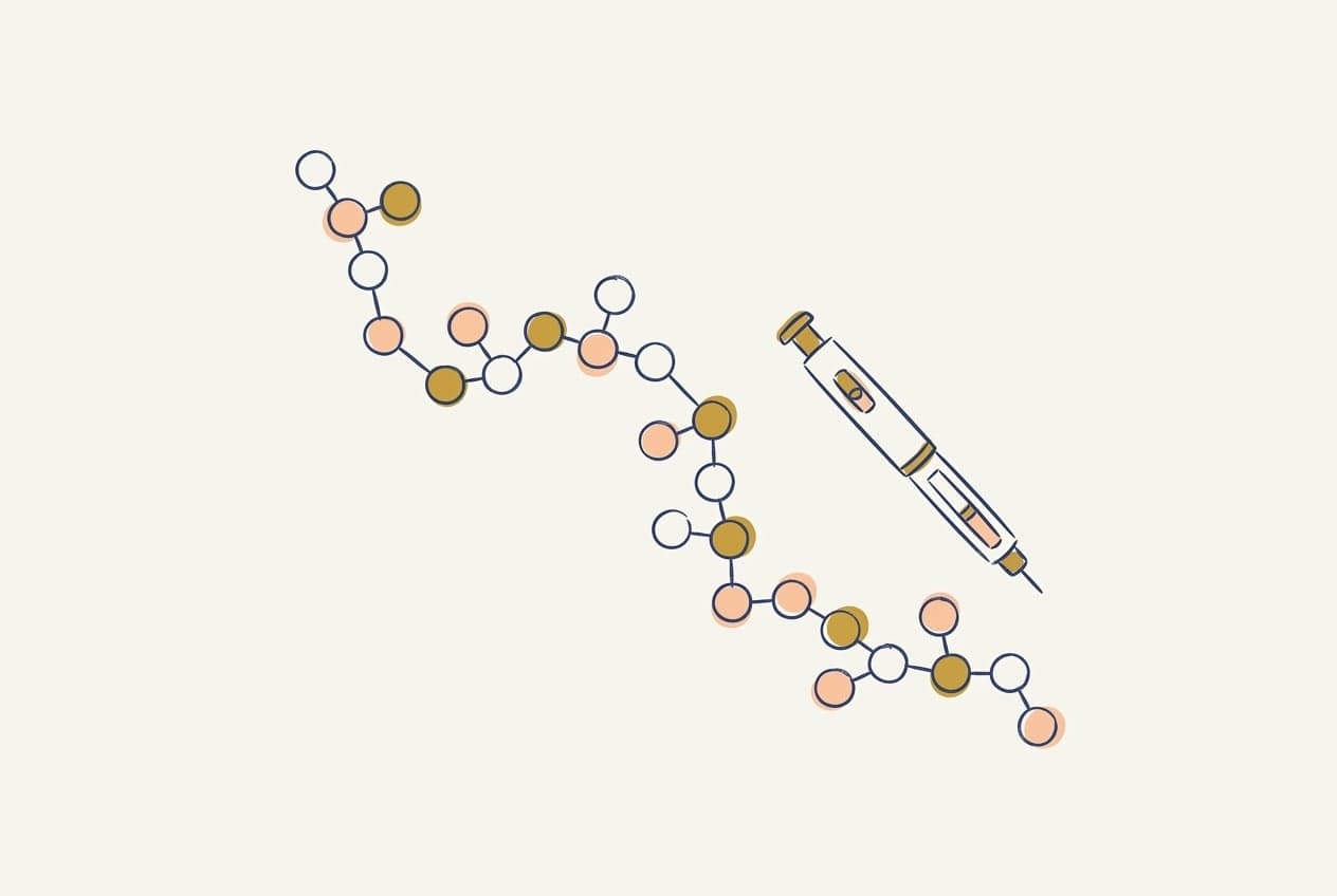 Hand-drawn illustration of a peptide molecule chain and injection pen