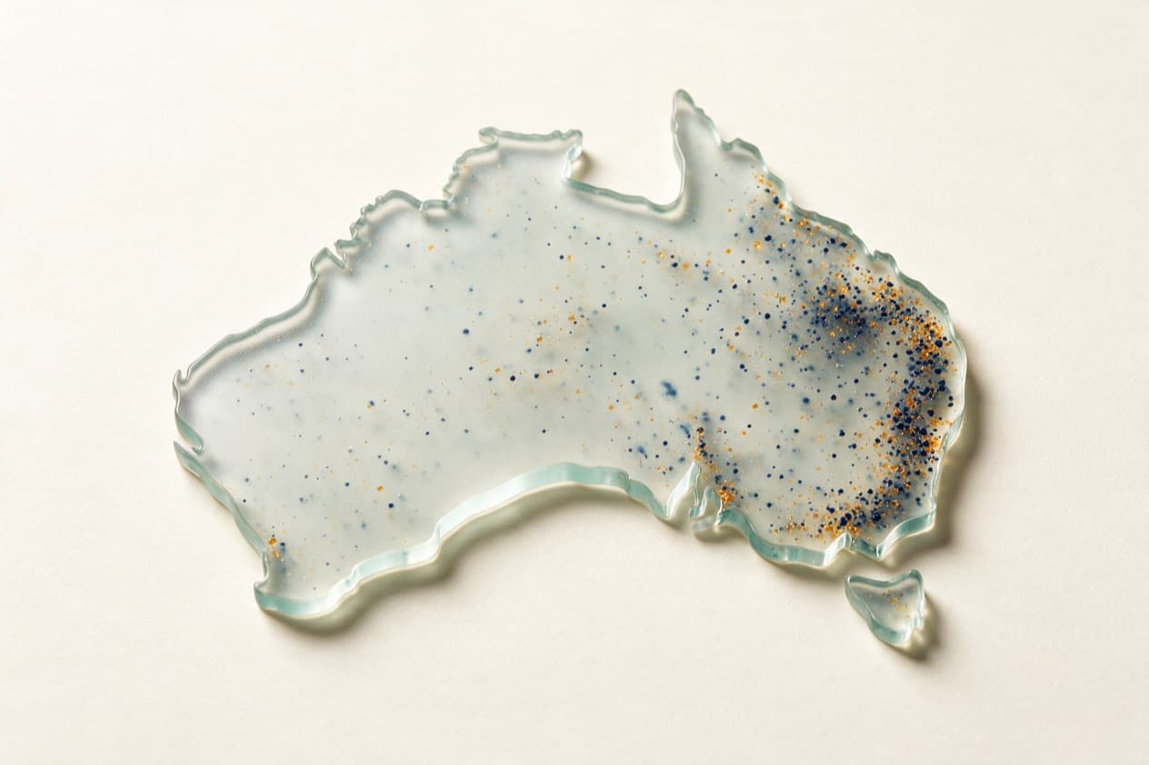 Australia rendered as a frosted glass slab with navy and gold particles clustered along the east coast